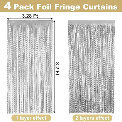 4 Pack Silver Fringe Curtain Backdrop 3.2Ft x 8.2Ft Metallic Tinsel Foil Fringe Streamers Background for Photo Booth Mother's Day, Easter, Carnival, Birthday, Wedding Party Decoration