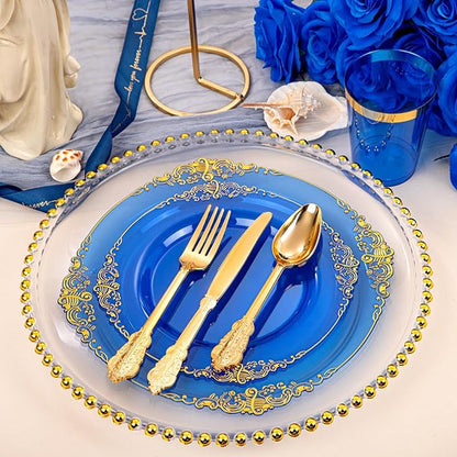 Hioasis 210pcs Blue and Gold Plastic Plates - Elegant Disposable Dinnerware Set Suitable for 30 Guests Include 10.25" Dinner & 7.5" Dessert Plates, Pre Rolled Silverware Set, Cups for Christmas