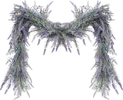 MAKHOT Spring Summer Lavender Purple Garland, 6Ft Lavender Artificial Green Garland, Fake Silver LavenderLeaves Vines for Wedding Mantle Party Arch Porch Stair Table Door Home Decor (Light Purple)