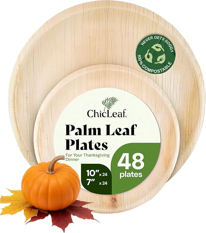 Chic Leaf Round Palm Leaf Plates - 10-Inch & 7-Inch, Pack of 48 - Compostable Disposable Bamboo Plates for Parties, Thanksgiving Family Meal and Christmas Dinner
