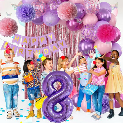 Pink Purple 8th Birthday Party Decorations for Girls Number 8 Balloon Happy Birthday Banner Butterfly Stickers Fringe Curtain Paper Pom Poms Metallic Hot Pink Star Foil Balloons 8 Year Old Princess