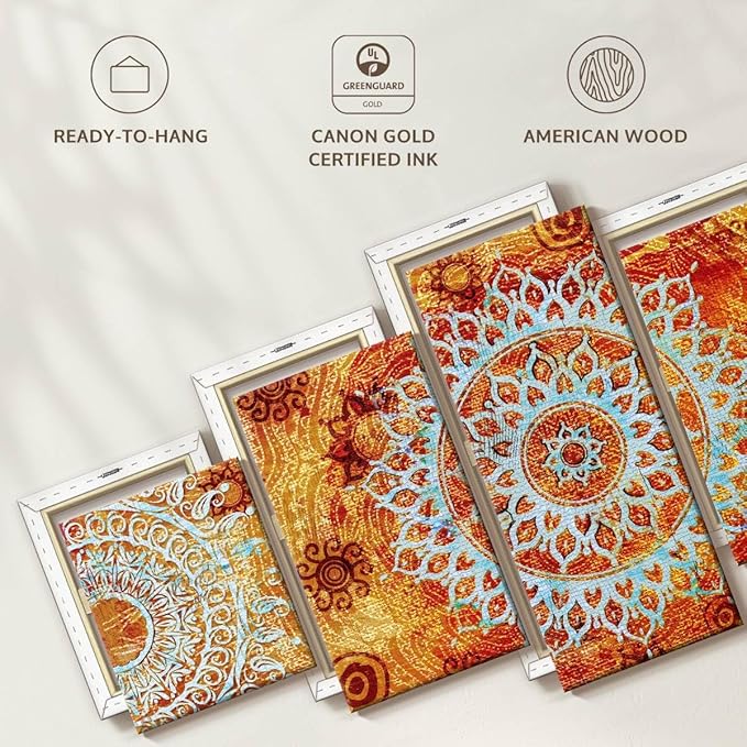 ElephantStock - Sun Like Mandala Symbols Wall Art - Horizontal Multi Panel Canvas - 5 Piece Living Room Wall Decor - Digital Art Elements Multi Piece Wall Art - Orange And Blue Decor - 42" x 19"