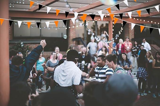 100 Feet 60 Pcs Orange White and Black Pennant Banner Flag String Hanging Triangle DIY Flag, Bunting Streamers Decoration for Grand Opening, Birthday, Wedding Celebration (Orange White & Black)