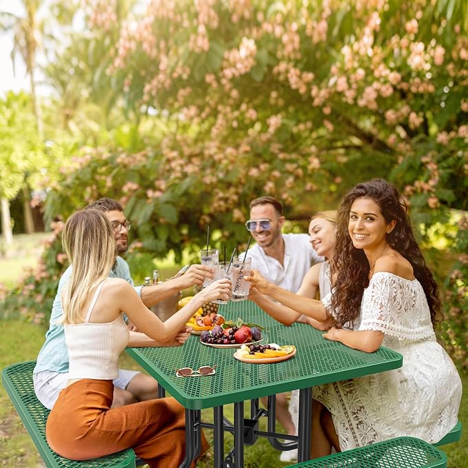 47'' Heavy-Duty Metal Picnic Tables with Umbrella Hole, Outdoor Steel Heavy Duty Commercial Grade Black Table, Outdoor Bench Set for Lawn, Patio, Park, Yard, Garden, Porch (Set C, Square)
