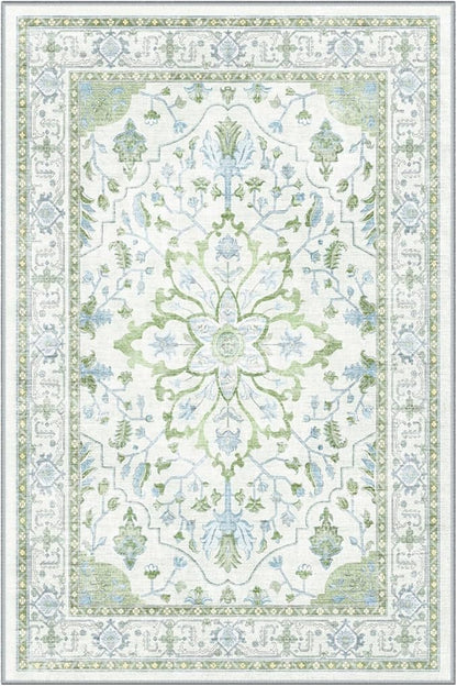 Area Rugs Round 4ft Washable Non-Slip, Floral Vintage Distress Print Pattern Medallion Carpet for Living Room Bedroom Dining Room, Green White Blue
