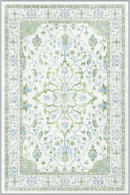 Area Rugs Round 8ft Washable Non-Slip, Floral Vintage Distress Print Pattern Medallion Carpet for Living Room Bedroom Dining Room, Green White Blue