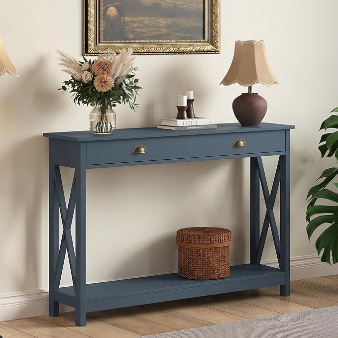 ChooChoo Console Table with Drawer for Entryway, Narrow Long Entry Table with Shelf for Living Room, Rustic Vintage Hallway Sofa Table with Stable X Supports, 40 Blue