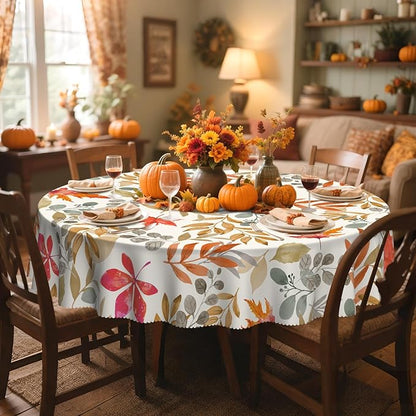 Eikione Fall 60Inch Round Tablecloth, Fall Maple Leaf Round Table Cloth, Waterproof, Wrinkle Free Polyester Table Cover for Autumn Picnics, Halloween Dining Decorations