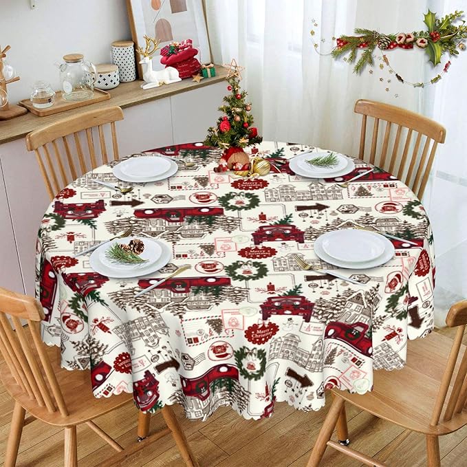 Eikione 60 Inch Round Merry Christmas Tablecloth, Truck Christmas Tree Tablecloth, Stain Resistant Dining Table Cover for Holiday Decor