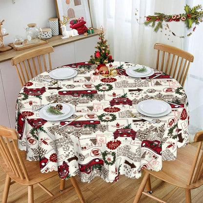 Eikione 60 Inch Round Merry Christmas Tablecloth, Truck Christmas Tree Tablecloth, Stain Resistant Dining Table Cover for Holiday Decor
