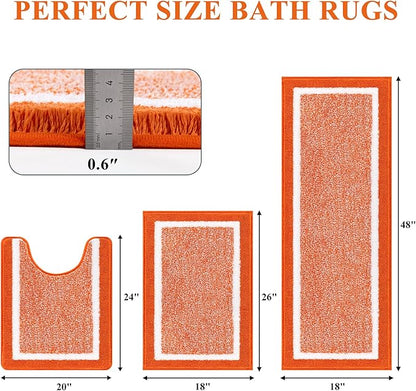 Pauwer Bathroom Rugs Sets 3 Piece Bathroom Shower Rugs with U-Shaped Contour Toilet Mat Absorbent Microfiber Plush Bath Mats Non Slip Bath Rugs Machine Washable Shaggy Bath Floor Mats, Orange