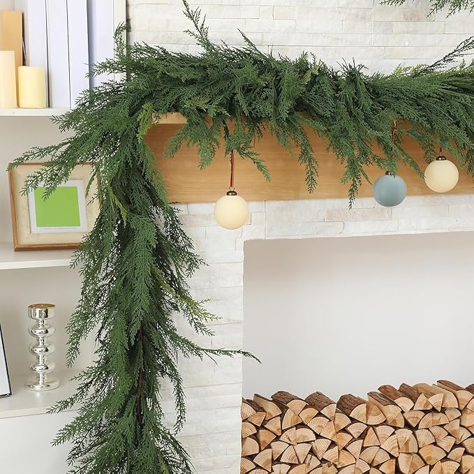 Jutom 1 PCS 9 ft Christmas Cedar Garland - Green Artificial Realistic Cedar Garland Faux Decoration for Table, Mantel, Wall Winter Holiday Party