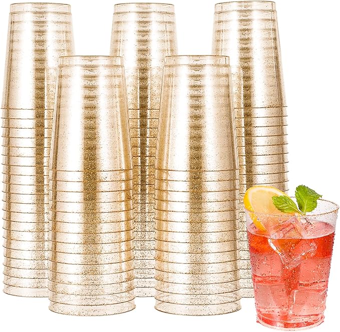 JOLLY CHEF 100 Pack 10 oz Gold Plastic Cups, Disposable Gold Glitter Cups, Clear Plastic Tumblers Perfect for Weddings, Christmas & Parties