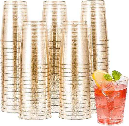 JOLLY CHEF 100 Pack 10 oz Gold Plastic Cups, Disposable Gold Glitter Cups, Clear Plastic Tumblers Perfect for Weddings, Christmas & Parties
