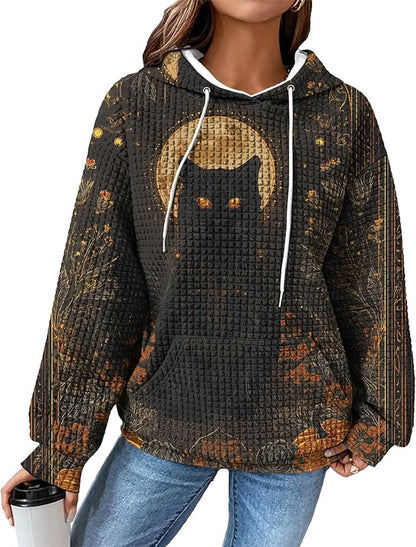 Halloween Sweatshirts for Women Novelty Graphic Drawstring Waffle Hoodies Loose Casual Pullover Tops with Pocket