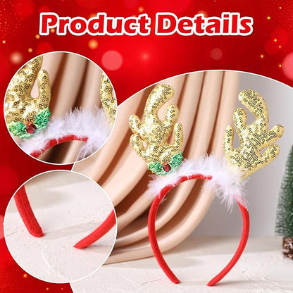 Christmas Reindeer Antlers Headband, 3 PCS Glitter Elk Antlers Hair Bands, Gold Sequin Deer Antler Headwear for Women Girls Xmas Cosplay Costume Hair Accessories Holiday Party Favor Supplies