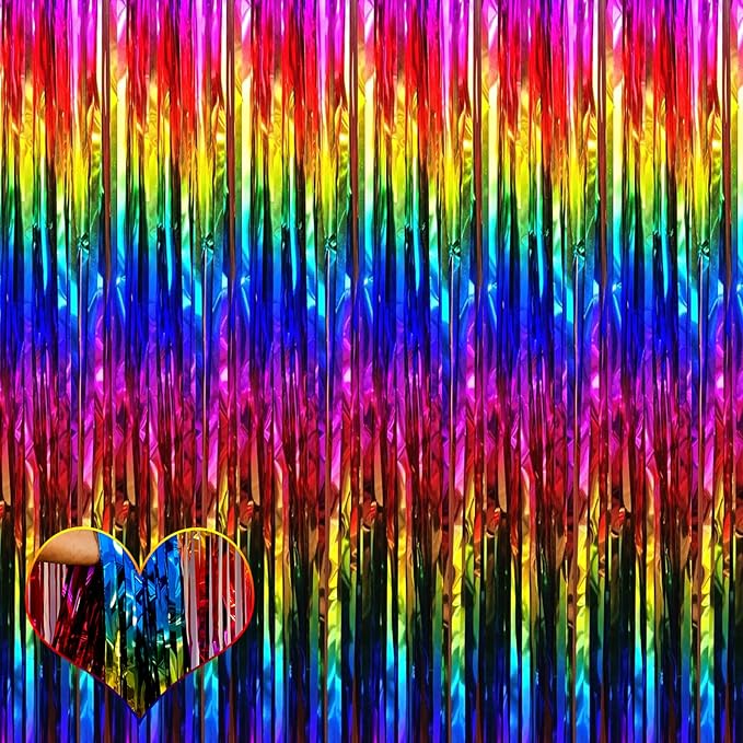 4 Pack Rainbow Fringe Curtain Backdrop, 3.2Ft x 8.2Ft Colorful Metallic Tinsel Foil Fringe Streamers for Photo Booth Birthday Wedding Baby Shower Carnival Easter Mother’s Day Party Decorations