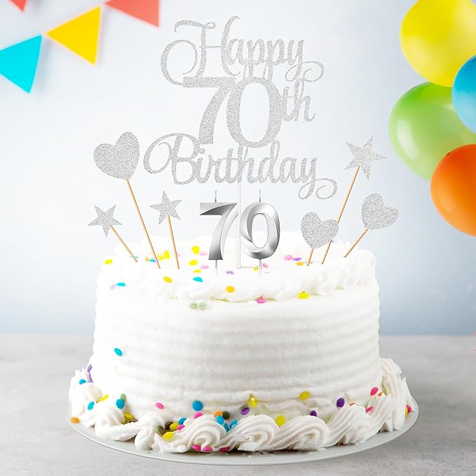 70th Birthday Cake Decorations, 70th Birthday Candles Cake Numeral Candles and Glitter Happy 70th Birthday Cake Toppers Set for Birthday Party Supplies (Silver)