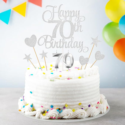 70th Birthday Cake Decorations, 70th Birthday Candles Cake Numeral Candles and Glitter Happy 70th Birthday Cake Toppers Set for Birthday Party Supplies (Silver)