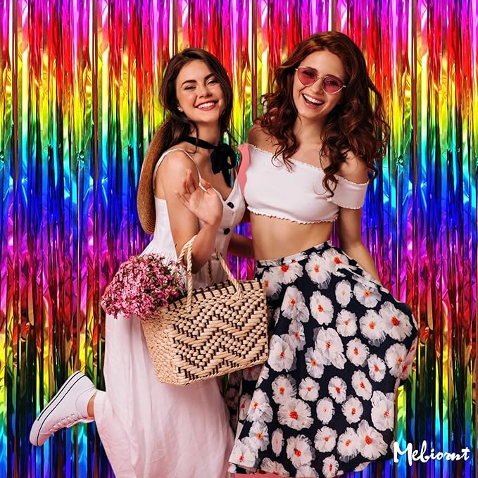 4 Pack Rainbow Fringe Curtain Backdrop, 3.2Ft x 8.2Ft Metallic Tinsel Foil Fringe Streamers Background for Photo Booth Birthday Wedding Baby Shower Party Thanksgiving Christmas Decorations