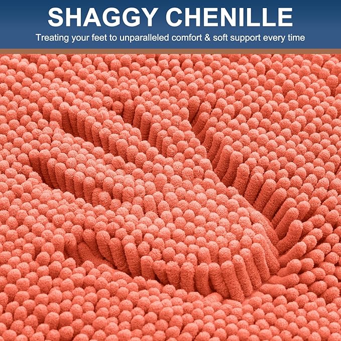 Smiry Luxury Chenille Bathroom Rugs 47x20, Extra Soft and Absorbent Shaggy Bath Mat, Machine Washable, Non-Slip Plush Carpet Runner for Tub, Shower, and Floor, Home Decor Accessories, Coral