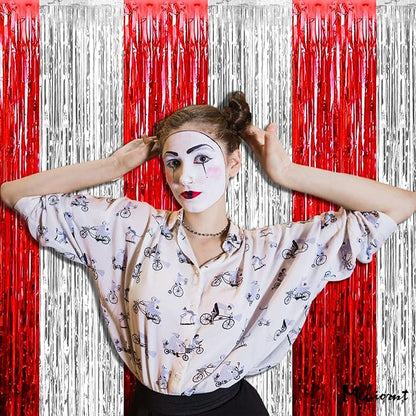 4 Pack 3.2Ft x 8.2Ft Red and Silver Fringe Curtain Backdrop, Metallic Tinsel Foil Fringe Streamers Curtains Background for Photo Booth Wedding Circus Welcome Carnival Birthday Party Decorations