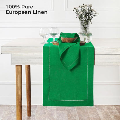 D'Moksha Homes Linen Kelly Green Table Runner 108 Inches Long - 100% Pure Linen 14 x 108 Inch Table Runner for Winter, Christmas, Holiday - Classic Hemstitch