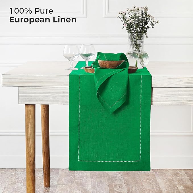 D'Moksha Homes Linen Kelly Green Table Runner 84 Inches Long - 100% Pure Linen Table Runner 14 x 84 Inch for Winter, Christmas, Holiday - Classic Hemstitch