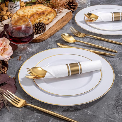SUT 100 Pack Pre Rolled Silverware Set Disposable, 400pcs Gold Plastic Utensils Include 100 Forks, 100 Knives, 100 Spoons and 100 Napkins, Wrapped Plastic Cutlery Set With Napkin for Wedding