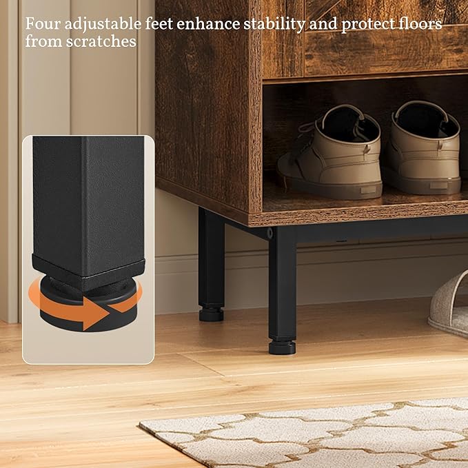 Yaheetech Shoe Storage Cabinet with Doors, Farmhouse Shoe Cabinet with 2 Adjustable Shelves and 4 Side Hooks, Wooden Shoe Rack Organizer Cabinet for Entryway, Foyer, Hallway, Rustic Brown