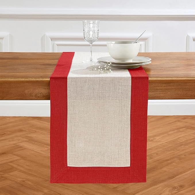 Solino Home Linen Table Runner 48 Inches - 100% Pure Linen Red and Natural Small Table Runner 14 x 48 Inch Ideal for Dresser and Coffee Tables - Christmas, Holiday, Winter, New Year - Contempo