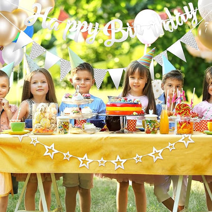 CANREVEL 3 PCS Silver Happy Birthday Banners, Hanging Stars Garland and Pennant Banner Flags, Silver Garland for Silver Party Decorations, Birthday Party Supplies for Women Men Girls Boys Adults