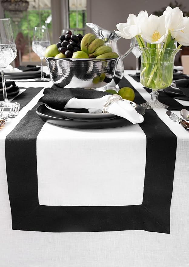 Solino Home Linen Table Runner 48 Inches - 100% Pure Linen Black and White Table Runner 14 x 48 Inch Ideal for Dresser and Coffee Tables - Fall, Autumn, Winter, Holiday - Contempo