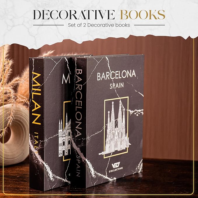 Decorative Book Milan/Barecelona (Black) Fake Books w/ Hidden Storage for Coffee Table, Bookshelf or Mantle decor w/ Magnet Closure - Aesthetic Book Decor for Living room, Bedroom, Entry Way, Keepsake