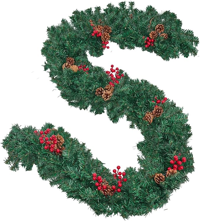 Christmas Garland with Lights, 9FT Christmas Garland for Mantle, Prelit Outdoor Garlands with Red Berries and Pine Cores for Ourdoor Indoor Mantle Table Stairs Fireplace Home Christmas Decor