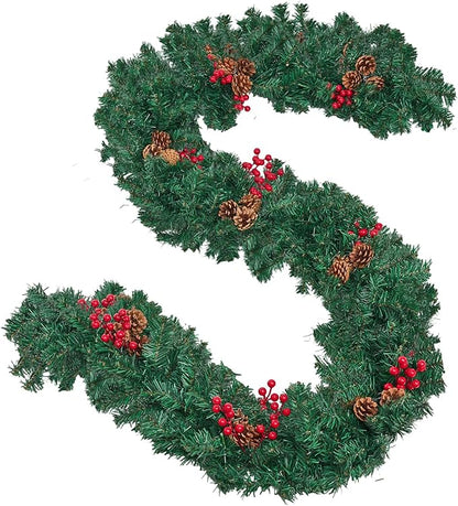 Christmas Garland with Lights, 9FT Christmas Garland for Mantle, Prelit Outdoor Garlands with Red Berries and Pine Cores for Ourdoor Indoor Mantle Table Stairs Fireplace Home Christmas Decor