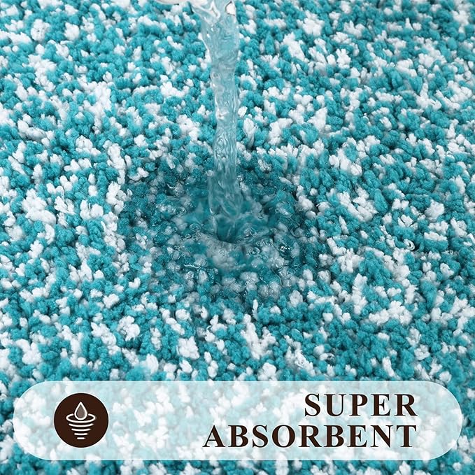 Pauwer Bathroom Sets 3 Pc Shower Rugs w/ U-Shaped Mat, Absorbent Microfiber Plush Mats, Non Slip, Machine Wash, Shaggy Aqua Blue