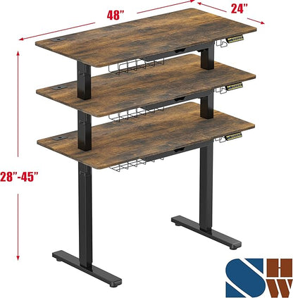SHW 48-Inch Electric Height Adjustable Standing Desk with Drawer, Memory Preset and Cable Management Tray, Rustic Brown