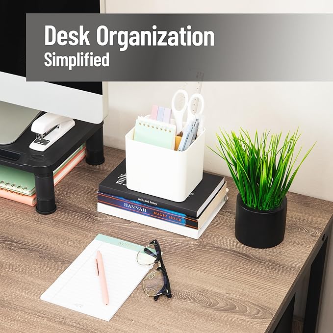 Mind Reader 2-Compartment Desktop Organizer, Removable Wood Divider, Non-Slip Base, Plastic and Wood, White