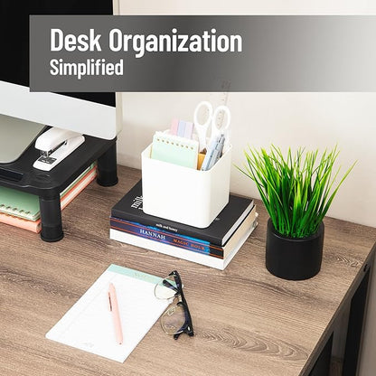 Mind Reader 2-Compartment Desktop Organizer, Removable Wood Divider, Non-Slip Base, Plastic and Wood, White