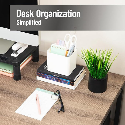 Mind Reader 2-Compartment Desktop Organizer, Removable Wood Divider, Non-Slip Base, Plastic and Wood, White