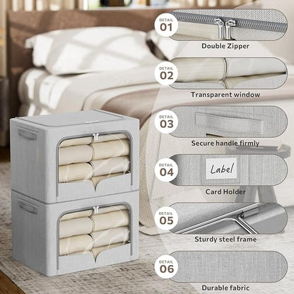 FHSQX 3 Pack Clothes Storage Bins Foldable Metal Frame Storage Box Extra Large Stackable Linen Fabric Organizer Set with Carrying Handles and Clear Window (Light Gray, 23.6x16.5x15.7inch(100L))