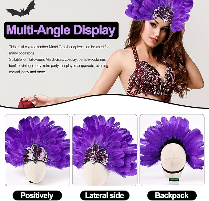 Women's Carnival Feather Headpieces Sequin Headdress for Wedding Masquerade Party Cosplay Feather Headbands
