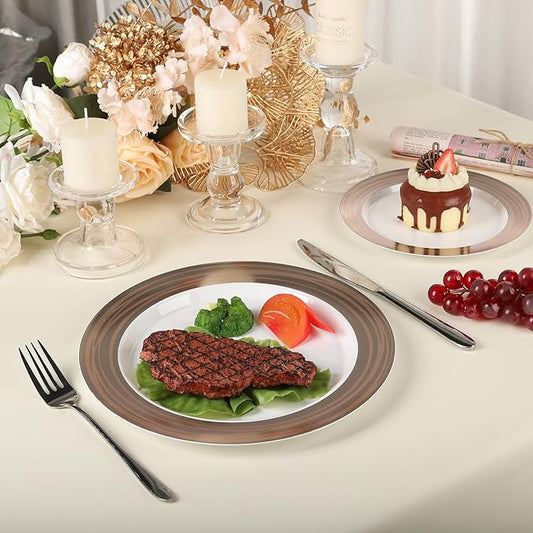 100PCS Brown Disposable Plastic Plates Include 50PCS 10.25inch Dinner Plate and 50PCS 7.5inch Dessert Plate Heavy Duty Plastic Dinnerware for Party Wedding Anniversary New Year