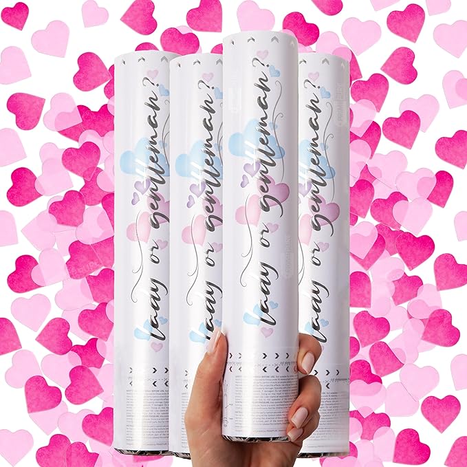 PrimePure Gender Reveal Confetti Cannon - Biodegradable Heart Shaped Confetti Poppers - Pink, 4 Pack - Baby Girl Gender Reveal Party Poppers - Pink Paper Baby Party Supplies Pop Gun