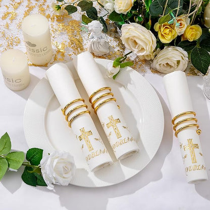 50 Pack Cross Paper Napkins - Baptism Napkins Disposable - Gold Cloth-Like Feel Dinner Paper - Heavy Duty Hand Towels for Religious Party, Confirmation, Christening, First Communion