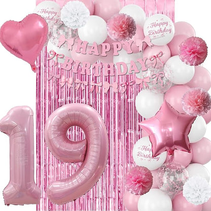 19th Birthday Decorations for Girls Pink Number 19 Balloon Bow Coquette Happy Birthday Banner Fringe Curtain Paper Pom Poms Star Heart Foil Pink White Balloons 19 Year Old Party Decor for Her