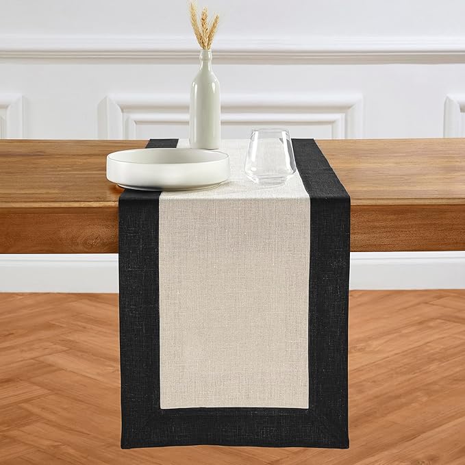 Solino Home Linen Table Runner 36 Inches - 100% Pure Linen Black and Natural Short Table Runner 14 x 36 Inch Ideal for Dresser and Coffee Tables - Contempo - Thanksgiving, Winter