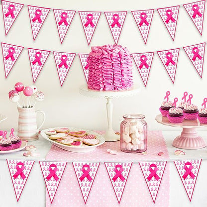 100 FT Breast Cancer Awareness Decorations, 3 Pack Pre-assemble Pink Ribbon Pennant Banner Flags, 60 PCS Plastic Pennants Flags Indoor Outdoor Party Supplies Home Office Ceiling Wall Hanging Decor