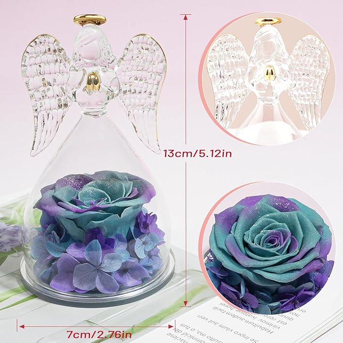 Miofula Angel Rose Birthday Gifts for Mom, Preserved Flower Rose in Glass Angel Figurines, Forever Real Rose Gift for Women Mom Grandma, Angel Gifts for Her Wife on Valentines Anniversary Mother's Day